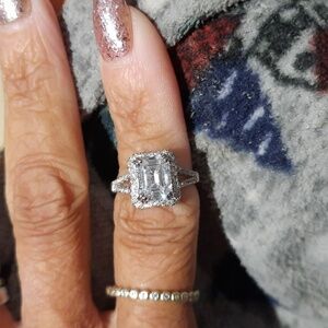 SOLID STERLING SILVER EMERALD CUT CZ HALO ENGAGEMENT RING RHODIUM 7 Clearance!